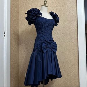 VTG 80s Navy Taffeta Hi Low Puff Shoulder Drop Waist Cocktail Party Dress